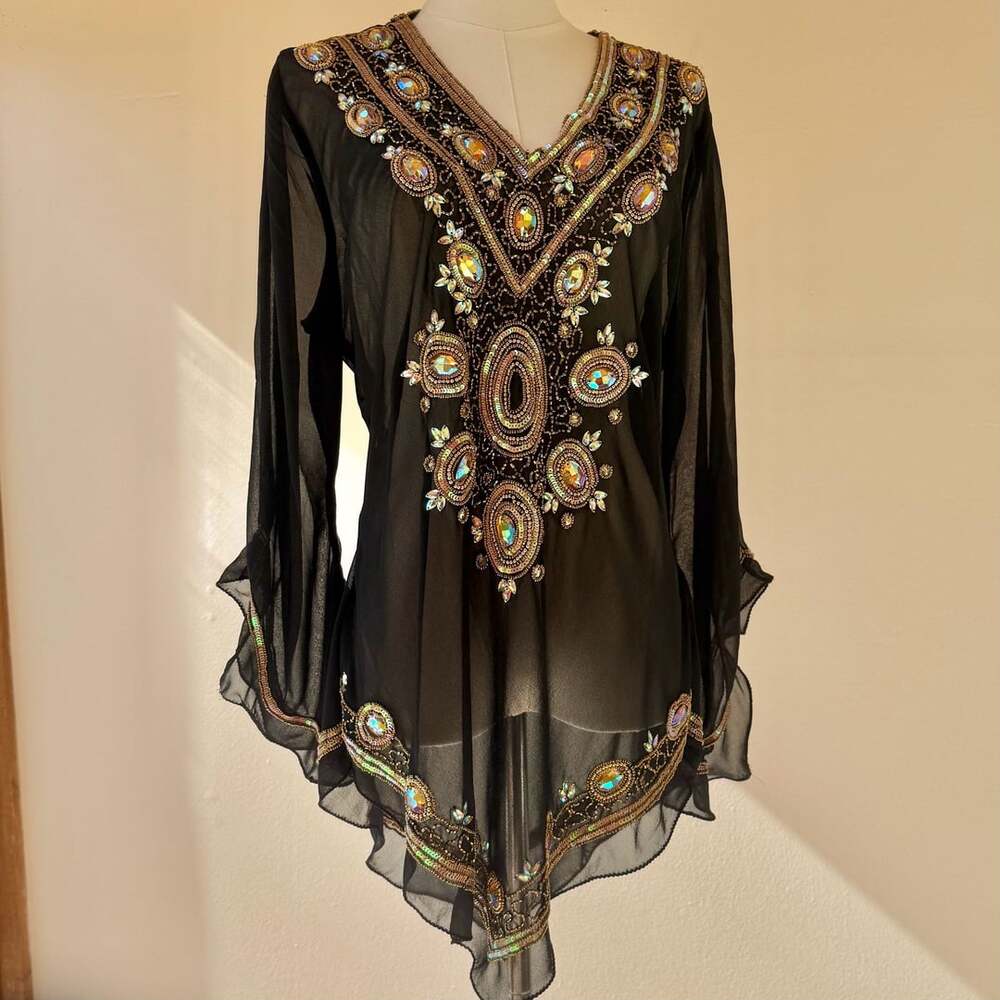 Beaded Embellished Chiffon Sheet Tunic Top Black with Flare Sleeves